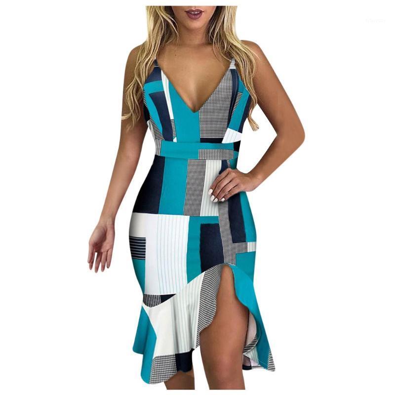 

Casual Dresses Geometric Printing Party For Women Sexy Sleeveless Backless V Neck Dress Side Slit Ruffle High Waist Slim Vestidos, Blue