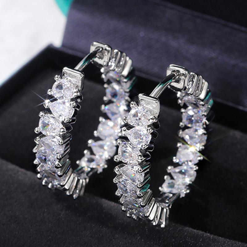 

Hoop & Huggie Female Luxury Crystal Square Bride Earring Silver Color Wedding Jewelry White Zircon Stone Earrings For WomenHoop