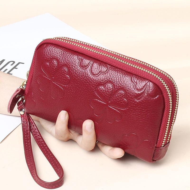 

Wallets Fashion Embossing Flowers Women Long Wallet Genuine Leather Double Zipper Wristlet Bag Lady Clutches Purse Cowhide Phone, Black