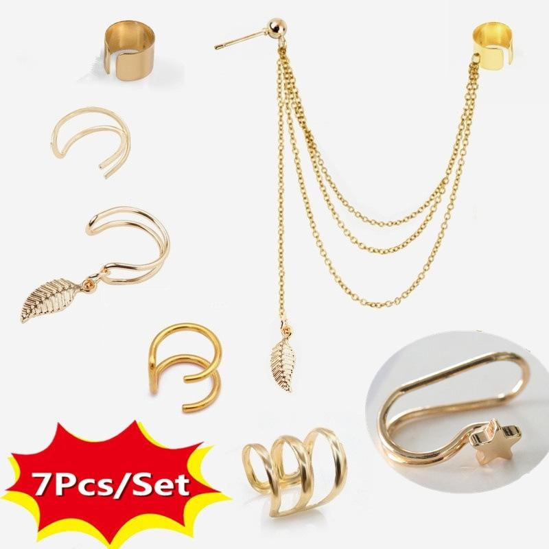 

Clip-on & Screw Back Bohemian Metal Leaf Tassel Ear Cuff Non-Piercing Clips Ethnic Vintage Mixed Cartilage Earrings For Women Small Clip