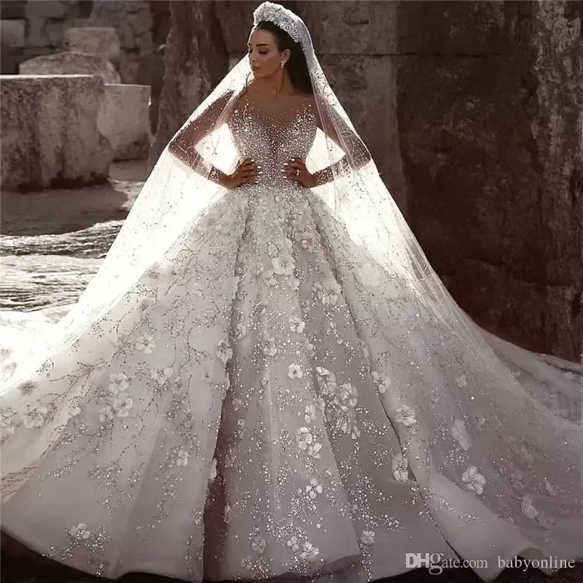 Glamour luxe dubaï arabe nouvelle dentelle robes de bal robes de mariée manches longues 3D fleurs perles robe de mariée robes de mariée