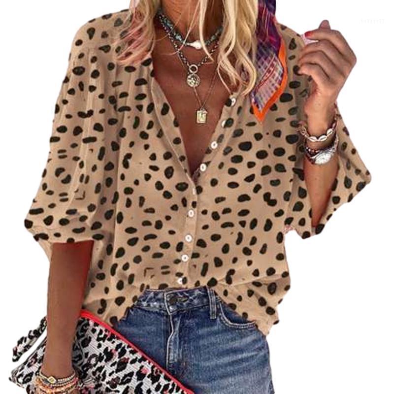 

Summer 2022 Half Sleeve Vintage Print Dot Stand Neck Casual Women Blouse Button Ladies Top Plus Size Shirts Blouses Y1185A Women, Blue