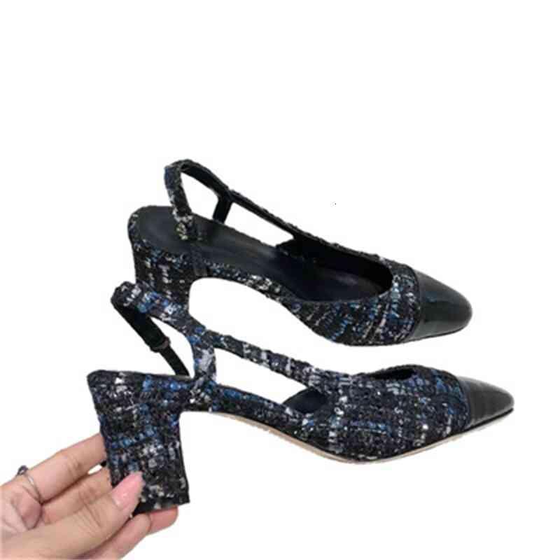 

Dress Shoes Slingback women shoes fashion lady high heel designer toe round gold silver tweed lamb sandals genuine leather shoe, 2# shoe box