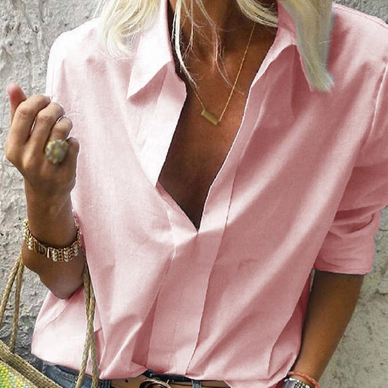 

Women' Blouses & Shirts Spring Ladies Tops Shirt Casual Fashion V-Neck Women Clothing Solid Loose Office Lady Full Sleeve Dot Soft Cozy Blo, Gray dot