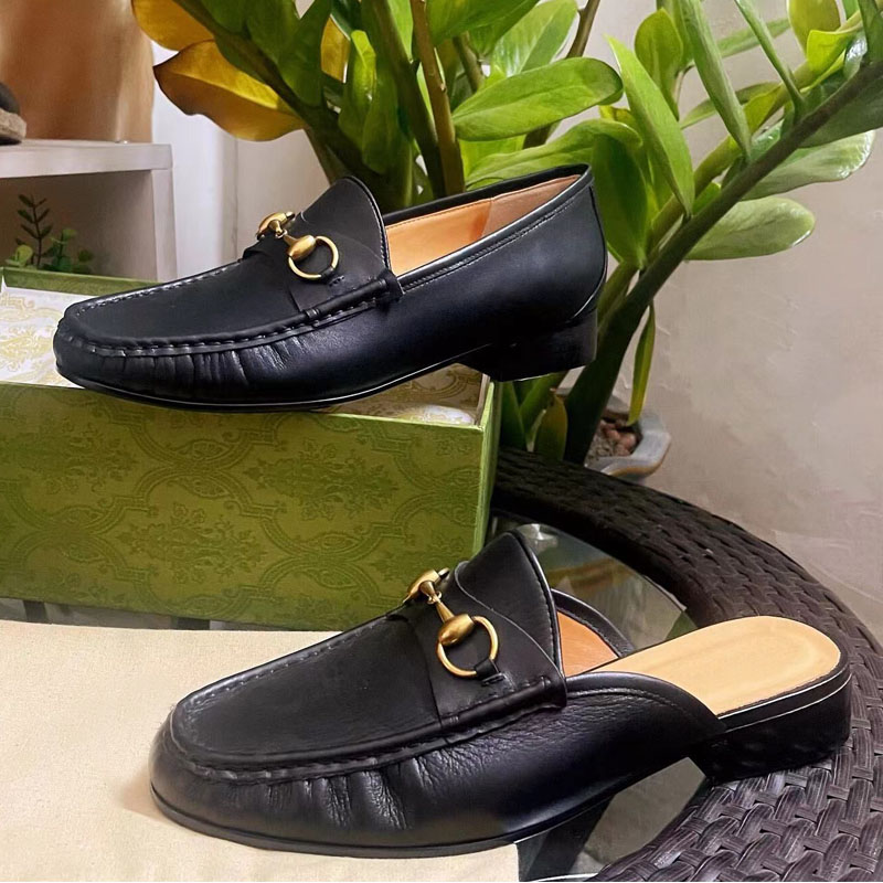 

classic women Flat designer Dress shoes 100% cowhide Metal buckle Lady leather casual shoe Mules Princetown black Men slipper Trample Lazy Loafers Large size 35-45-46, Extra insole