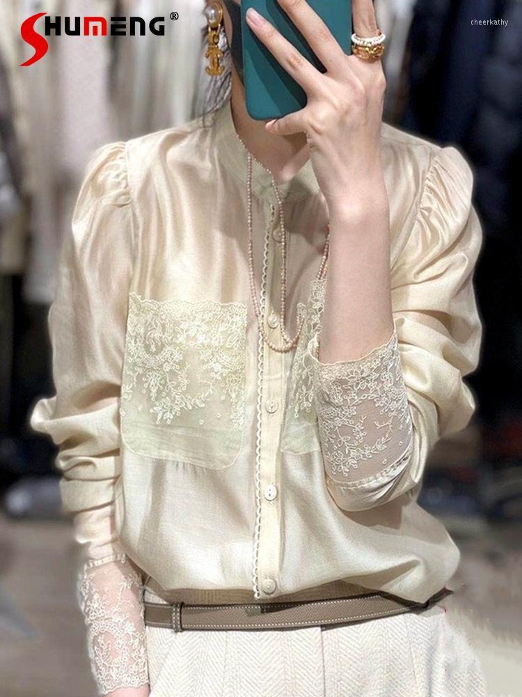 

Women' Blouses & Shirts Spring Mercerized Cotton Opaque Lace Embroidered Long Sleeve Shirt Women' Elegant French Stand Collar Slim Fit, Black