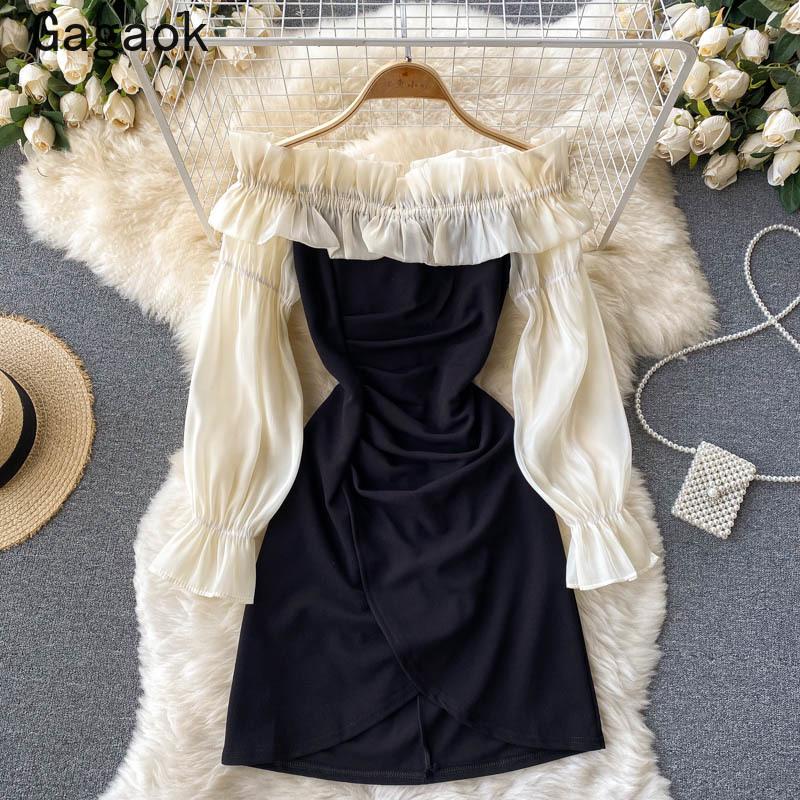 

Casual Dresses Gagaok Women 2022 Spring Autumn Slash Neck Puff Sleeve High Street Patchwork Mini Korean Chic Vestidos, Black;gray