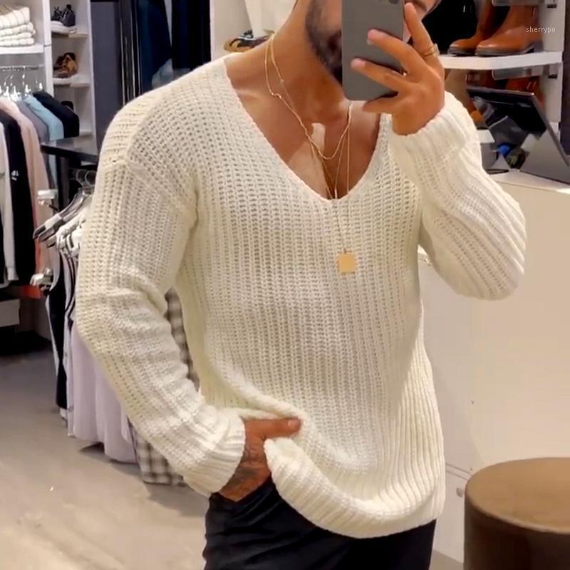 

Men's Sweaters Casual Men Winter Solid Color V Neck Long Sleeve Twist Knitted Slim Sweater Pullover Knitwear 2022, 01 white