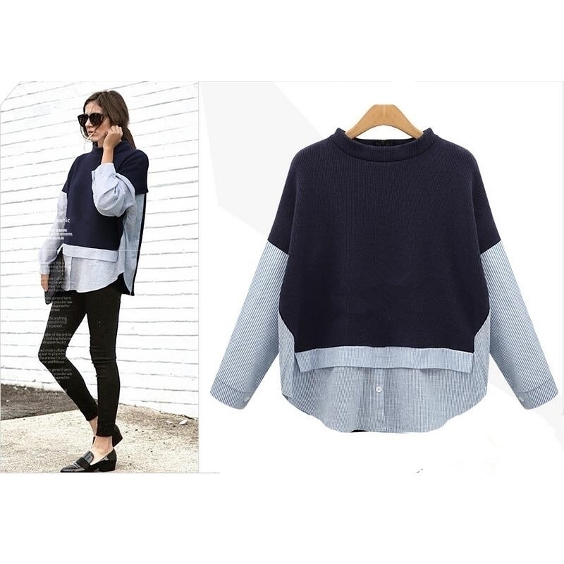 

AREALNA Autumn sweatshirt women Style Striped Patchwork Navy Pullover Loose Casual hoodies for women Plus Size XL5XL 201203