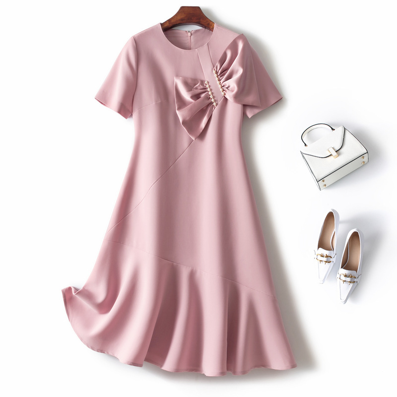 

84447# OL New Summer Women Elegant Occasion Dresses Round Collar Short Sleeve Beading Solid Color Bow Sweet Dress Pink S-XL
