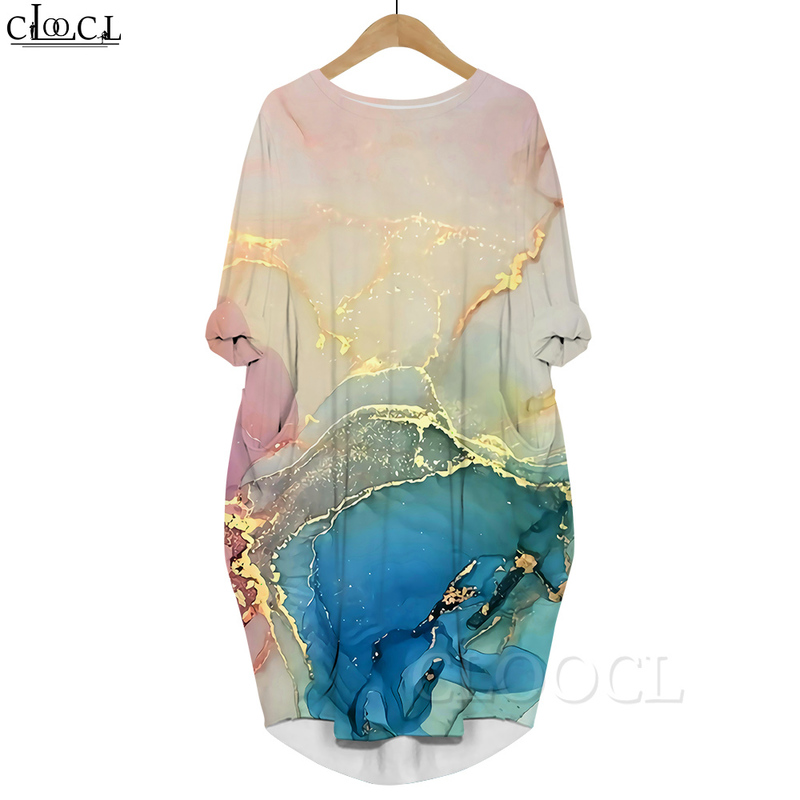 

Women Dress Art Texture 3D Graphics Printed Loose Daughter Dresses Long Sleeve Fashion Gown Pocket Dress Casual Style 220616, Long sleeved dress11