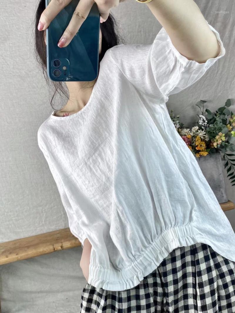 

Women's Blouses & Shirts Women Summer Sweet Style Solid Color Loose Half Sleeve Back Buttons Asymmetric Stretch Female Linen Tops, Purple
