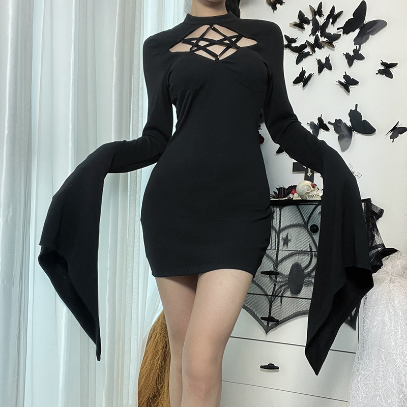 

Casual Dresses women Hollow out slim dress with horn sleeve, Black