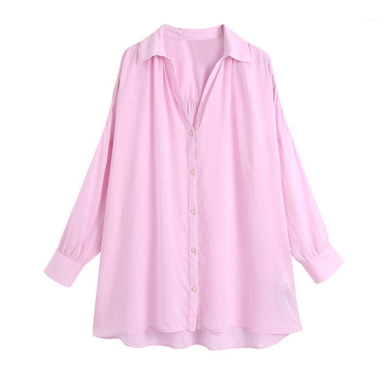 

Women's Blouses & Shirts JC·KILIG 2022 Candy Color Shirt Long Sleeves Loose Vintage Hong Kong-Style Poplin B1438, Pink