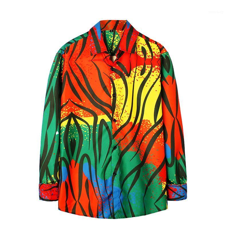 

Korean Fashion 2022 Men' Arrivals Streetwear Shirts Man Casual Printing Long Sleeve Shirt Male Hawaiian Style Blouse Top#3, Green