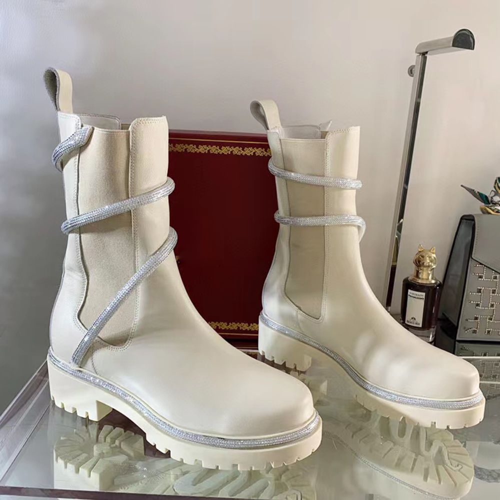 

Boots rhinestone Snake Strass Wraparound chunky half boots white leather womens low heel Martin Boot heavy duty luxury designer brands for women