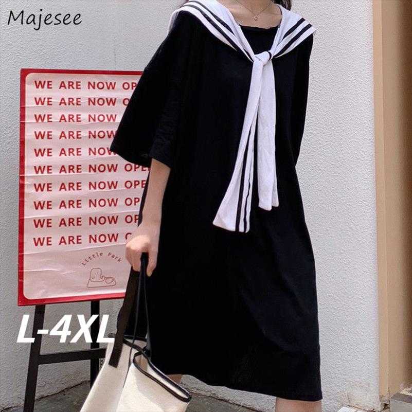 

Dresses Women -4xl Summer Baggy Simple All-match Cozy Sailor Collar Patchwork Students Preppy Style Ulzzang Holiday, Black