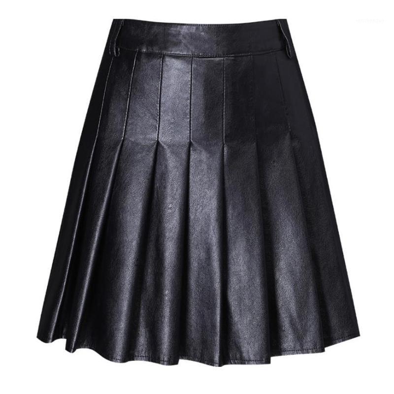 

Skirts Elegant PU Leather Punk Skirt Women 2022 Autumn Mini Short Goth High Waist Sexy Black Pleated A-Line, Black skirt
