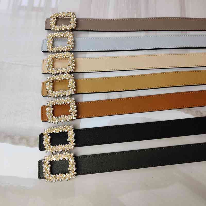 

Belts designer belt style lychee pattern color leather women's Square pearl diamond smooth buckle simple and versatile Jeans Belt women L0ZN, Black