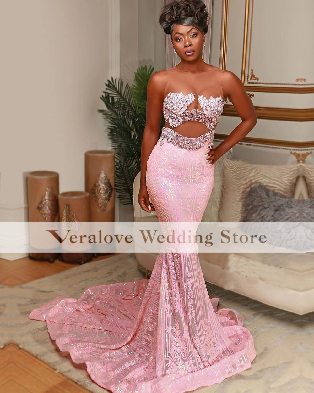 

Glitter Pink Sequins Sparkly Prom Dress Mermaid 2022 Sexy Backless African Long Formal Evening Gowns Celebrity Party Dresses, Ivory