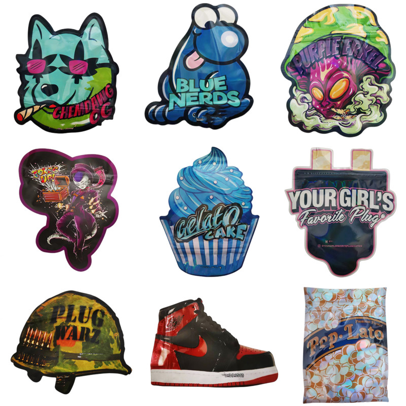 

2022 newest shape mylar bag 3.5g flower edible pacakaging blue dream white gorilla gelato cake chemdawg og trousers hats shoes shapes zipper foil food grade