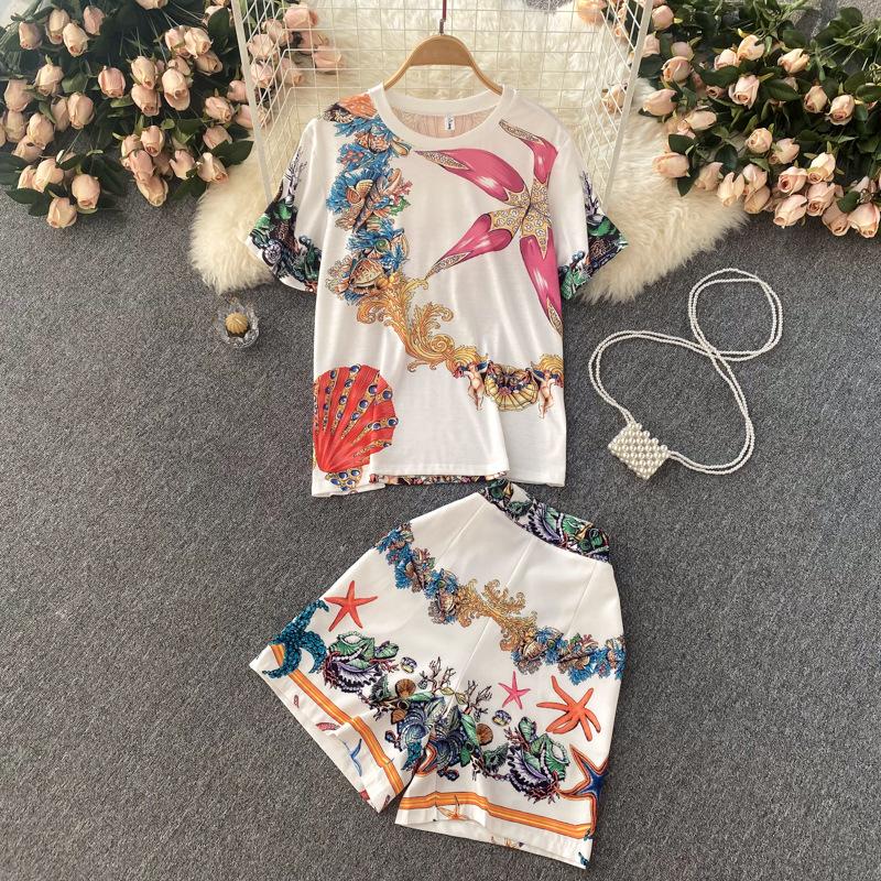 

Women' Tracksuits Brand Design Starfish Shell Print Short Sleeve T-shirt High Waist Shorts Pants Spring And Summer 2022 Women' SuitWom, White
