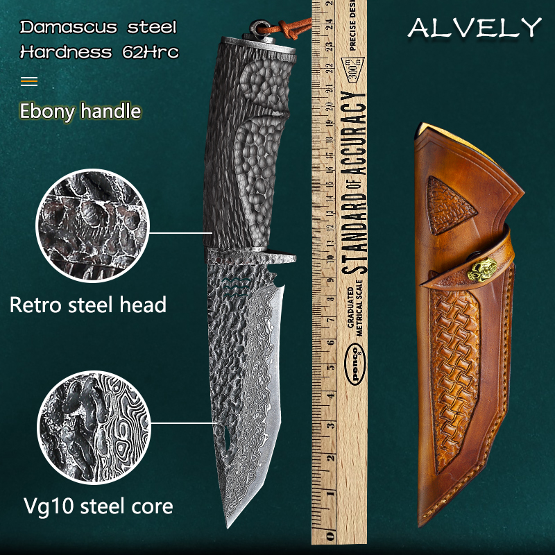Hand Forged Damascus Steel Ebony Handle Fixed Straight Knife Outdoor Camping Hiking Survival Hunting Self Defense etc EDC Tool Belt Holster-image-627524632