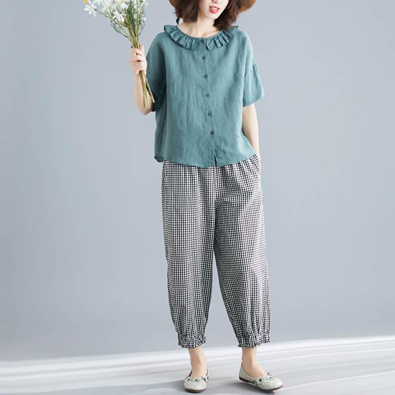 

Women's Two Piece Pants Retro Casual Cotton And Linen Two-piece Suit Loose Lantern-sleeve Top Add Harem Suits Summer Clothes For Women 2022, Qianlan