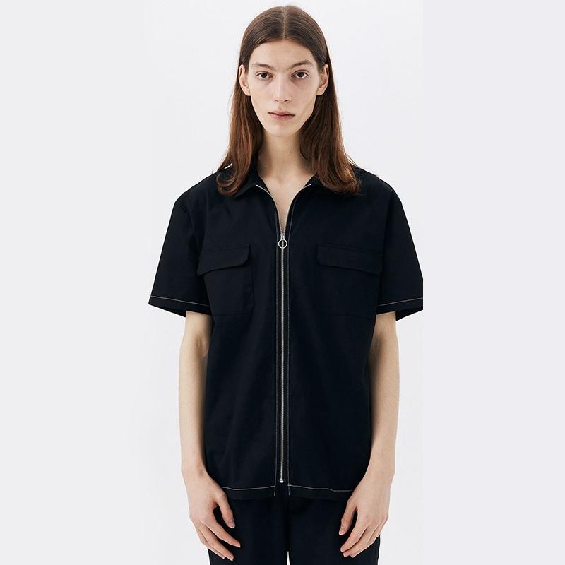 

Men' Casual Shirts Gold Triangle Buckle Zipper Short Sleeve Shirt Men Tide Daily Fashion Youth ShirtsMen, Black