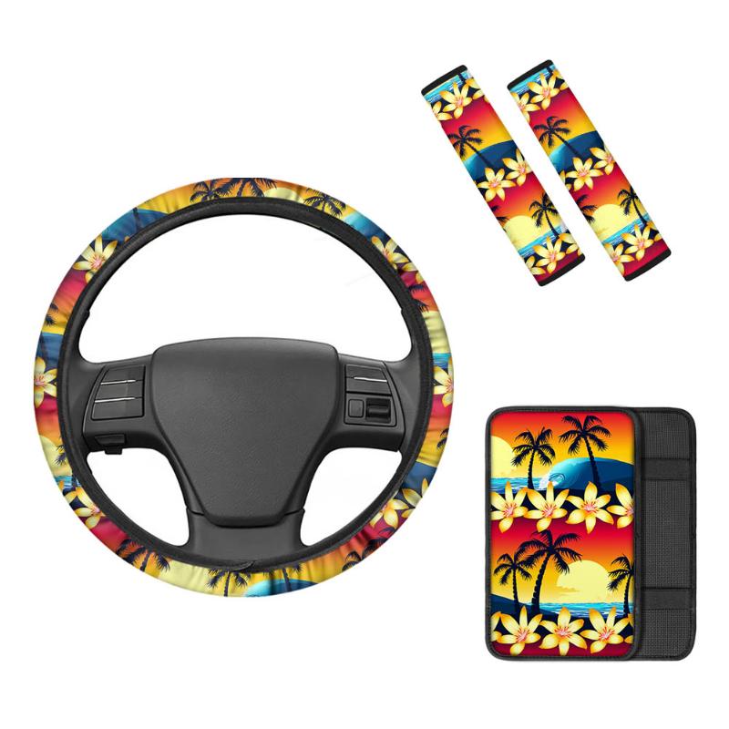 

Steering Wheel Covers Hawaiian Car Interior Accessories Coconut Tree Center Console Storage Cover Universal Seat Belt Sets CoverSteering