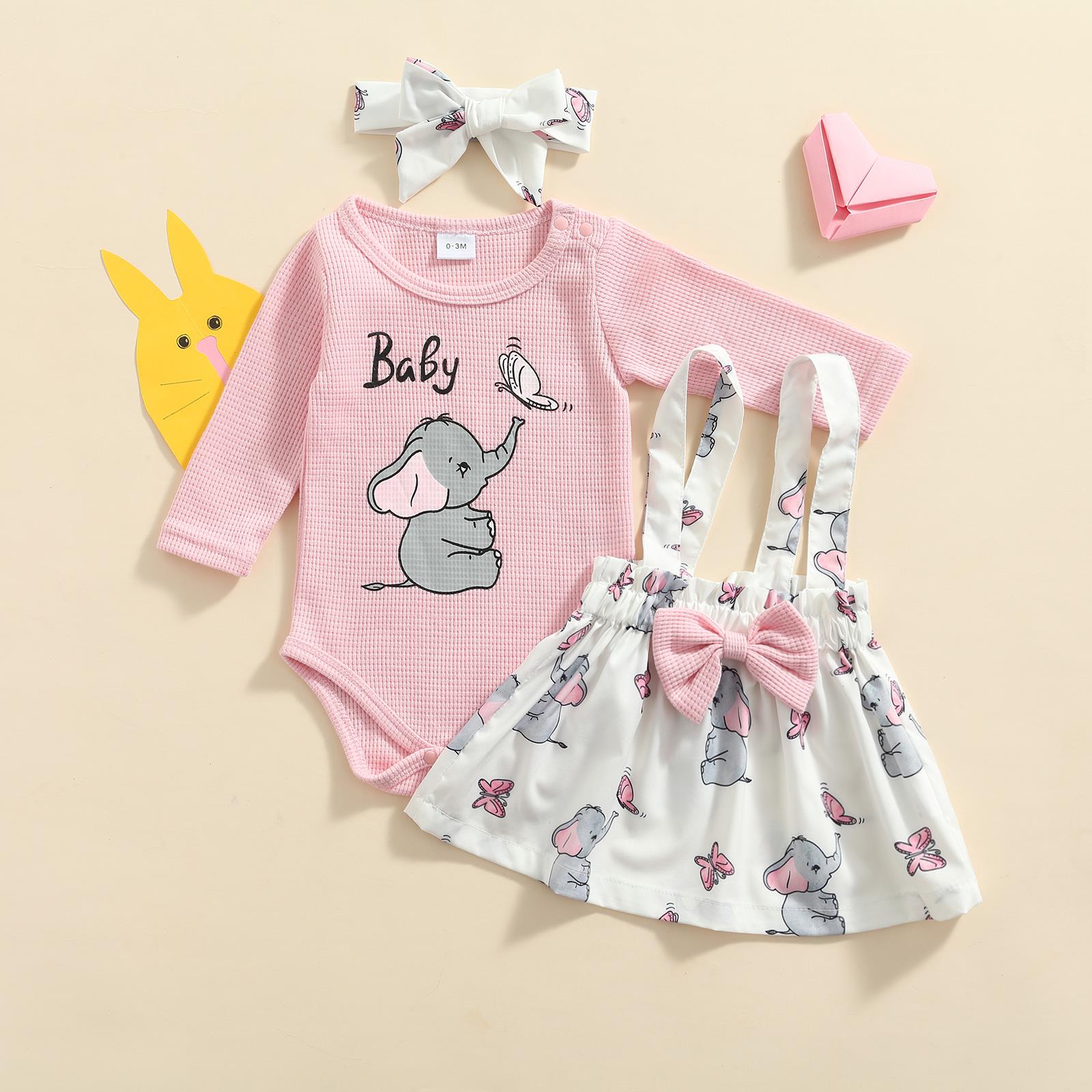 

3pcs Infant Baby Girls Autumn Clothes Sets 0-18m Cartoon Elephant Printed Long Sleeve Romper Tops Suspender Skirt, As picture