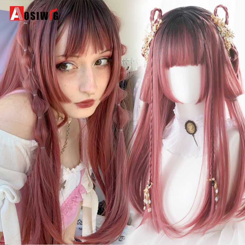 Costume Accessories Synthetic Long Lolita Wig For Women Ombre Straight Hair With Bangs Pink Blonde Cosplay Anime Halloween Wigs Natural Fake-image-772762656