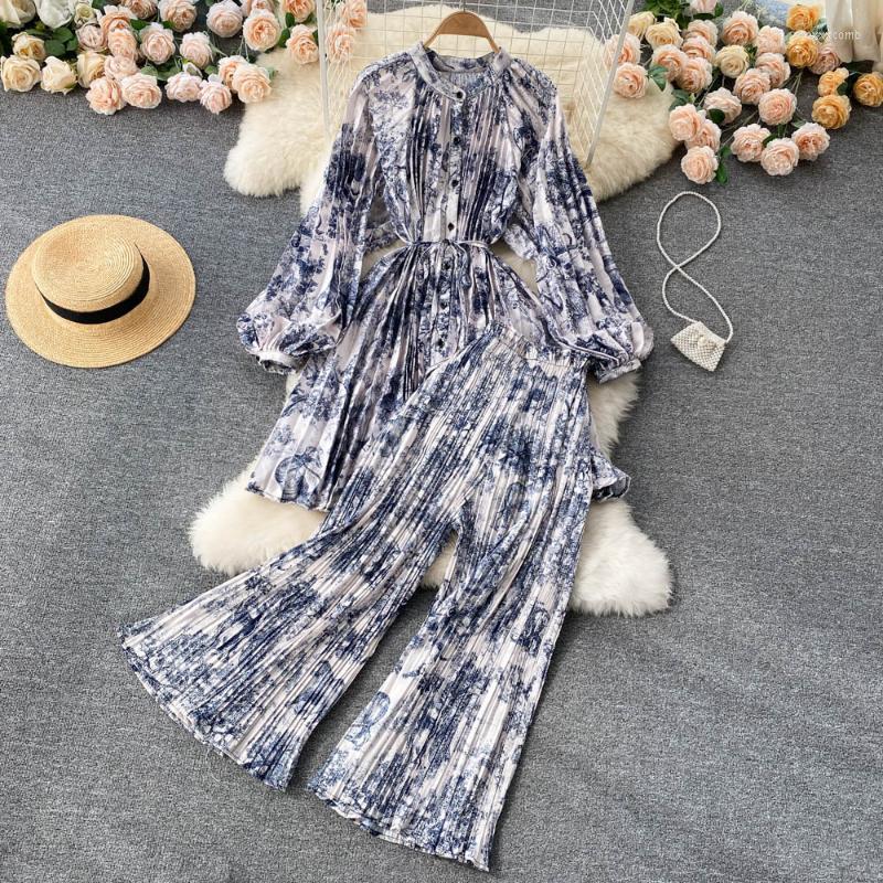 

Women's Two Piece Pants 2022 Spring Elegant Long Sleeve Vintage Print Blouse And Loose Women Sets, Blue