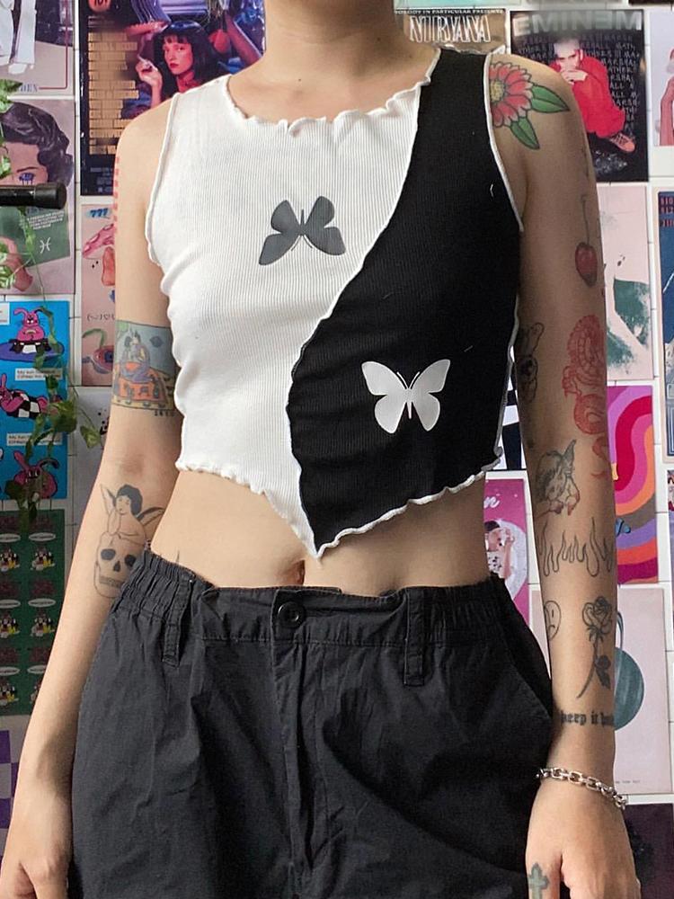 

Women' Tanks & Camis Black&White Contrast Color Butterfly Print Women Tank Crop Tops Patchwork Summer Punk Chic Basic TeeWomen, Brown