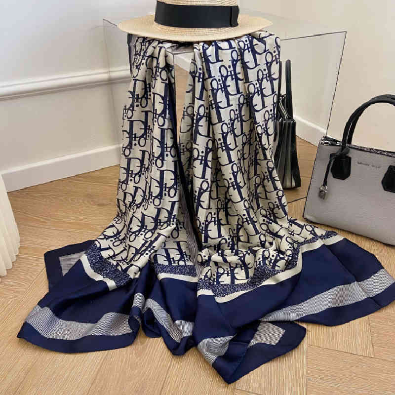 105G Women's new summer lotus leaf collar Cape hooded silk scarf pearl shade multifunctional fashion Baotou hat d letter blue