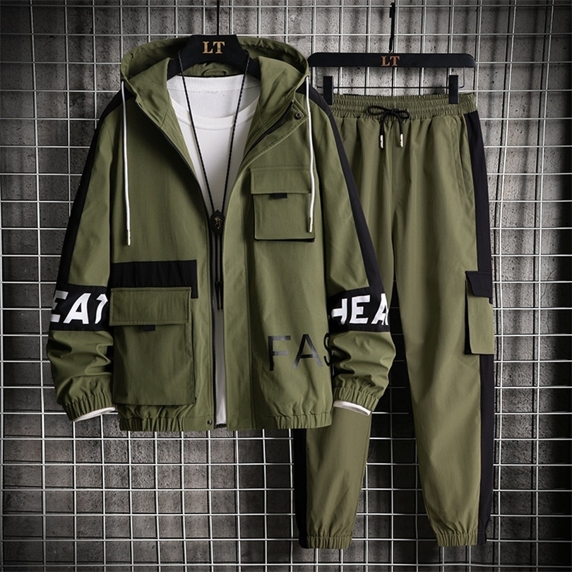 

Harajuku Style Tracksuit Men 2 Piece Set Long Sleeve Hoodie Jacket and Sweatpants Men Jogging Suit Lightweight Clothes Autumn 220815, Khaki