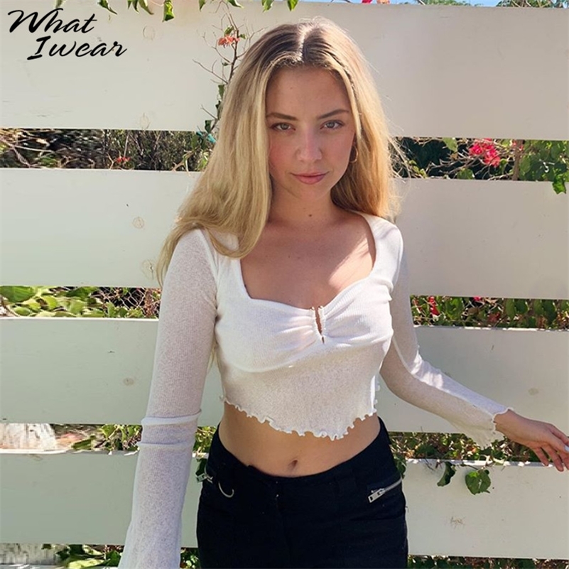 

Whatiwear Women Fashion Sexy See Through T-shirts Full Sleeve Solid Female Square Collar Tees Slim Lady Streetwear Autumn 220321, White