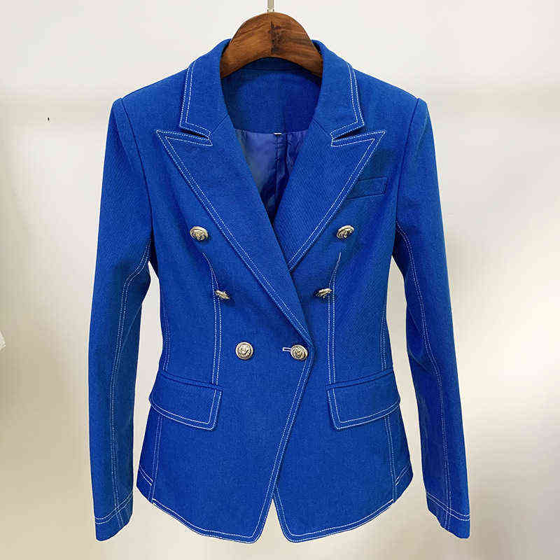 

Fall Winter 2020 Blue Blazer Women Jacket Silver Double Breasted Buttons Decorative Slim Work Denim Jacket Women Blazer J220813