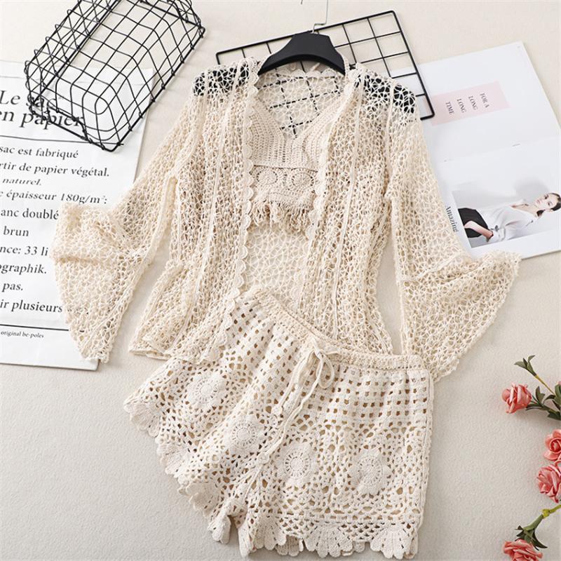 

Women's Tracksuits Fashion Beach Crochet Bikini Set Women SexyHalter Neck Top Sunscreen Shirt Lace Cardigan Shorts Holiday WearWomen's, White