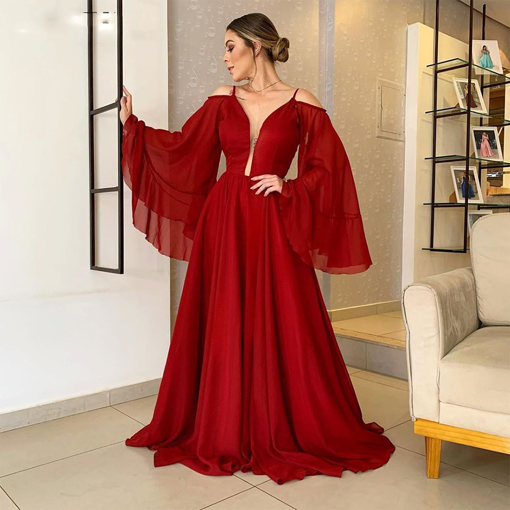 

Flared Sleeves Off Shoulder Chiffon Prom Dresses Deep V-Neck Spaghetti Straps Backless Formal Evening Gowns Floor Length, Green