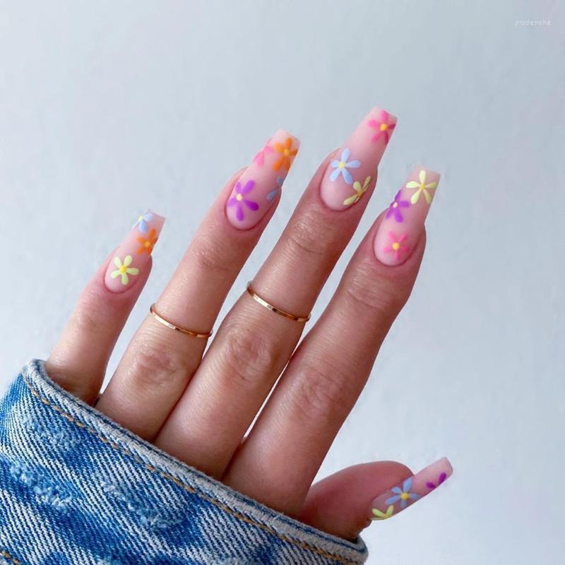 

False Nails 2022 24PCS Sweet Fake Long Square Head Colorful Sun Flower Full Cover Wearable Finished Nail Piece With Glue Prud22, Asd