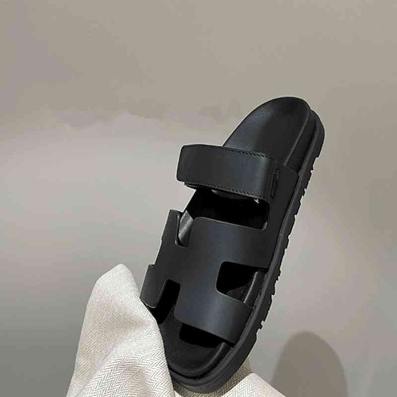 Original Herme Sandals Slipper 2022 Spring and Summer New Style Velcro Second Uncle Slippers Women's Leather Flat Bottom Fashion Open Toe fo