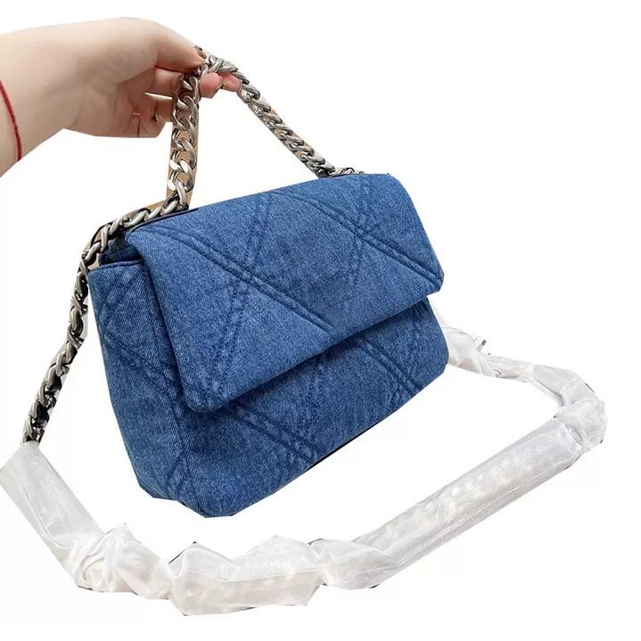 

Fashion Denim 19 Bicolore Quilted Classic Flap Bags Blue Silver Metal Hardware Turn Loack Chain Totes Strap Crossbody Shoulder Large Capacity Sacoche Handbags, Sky blue