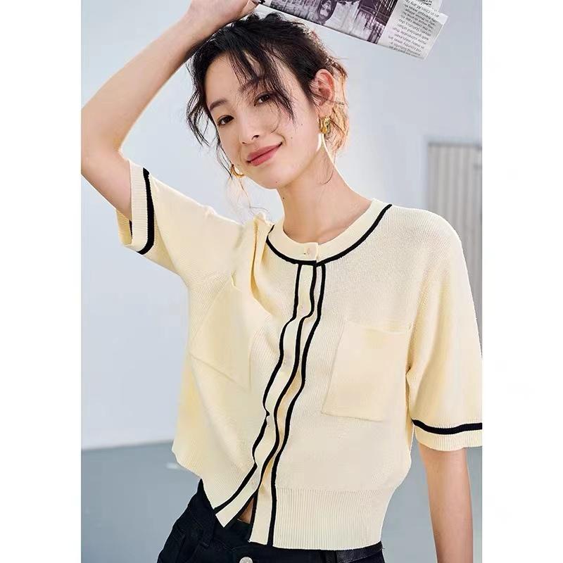 

Women' Sweaters Summer 2022 Sweet Rround Neck Contrast Short Sleeve Pocket Knitted Cardigan For WomenWomen, Apricot
