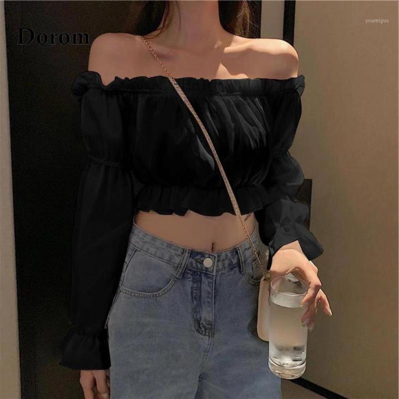

Women' Blouses & Shirts Sexy Slash Neck Puff Sleeve Women Lovely Trendy Slim Black Cropped Top French Elegant Square Collar Chiffon, White