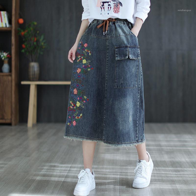 

Skirts Spring Embroidered Denim Skirt A-Line Literary Retro Loose Women's Elastic Waist Fashion Saia Jeans 2022 Femme Zh066, Blue