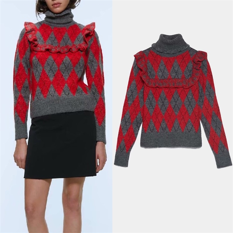 

Za Women' Sweater Winter Knitwear Retro Round High-neck Long-Sleeved Ruffled Warm Sweater Fashion Lingge Pullover Knit Top 210203, Red