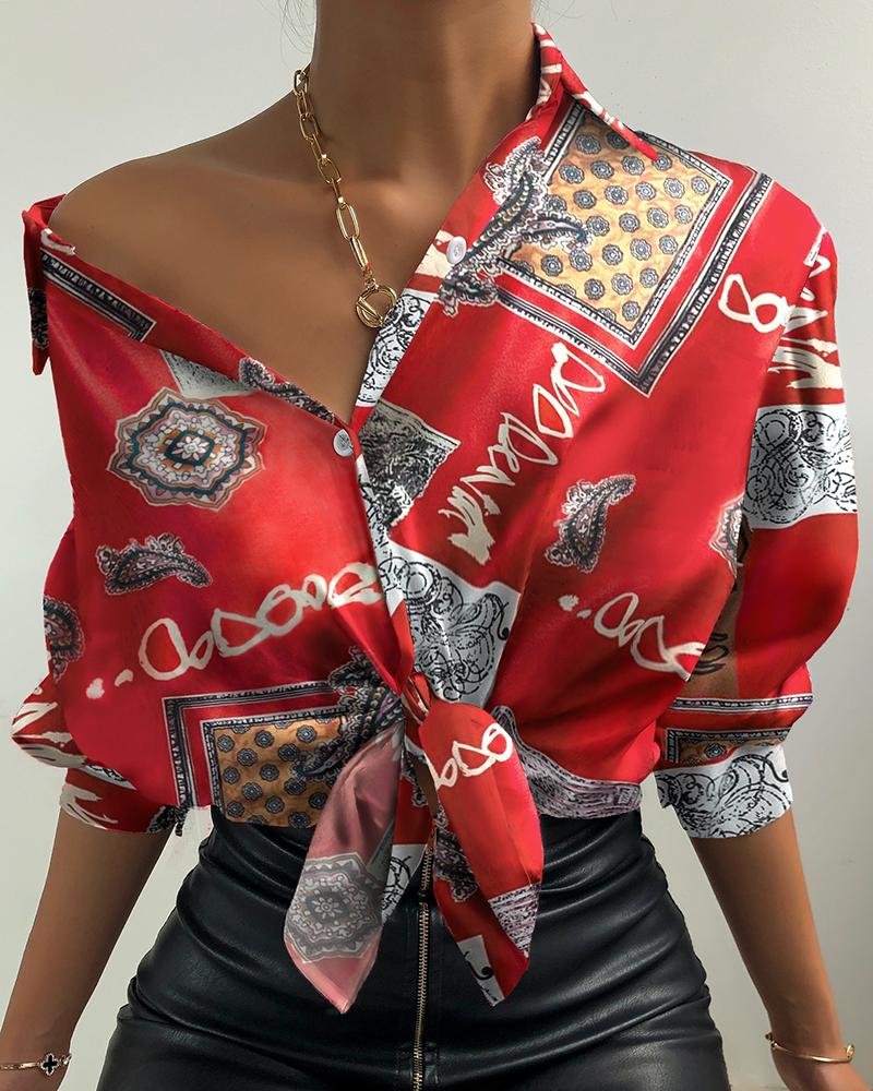 

Women' Blouses & Shirts 2022 Women Casual Autumn Spring Long Sleeve All Over Print Button Design Lantern Shirt Turn-down Collar, Red