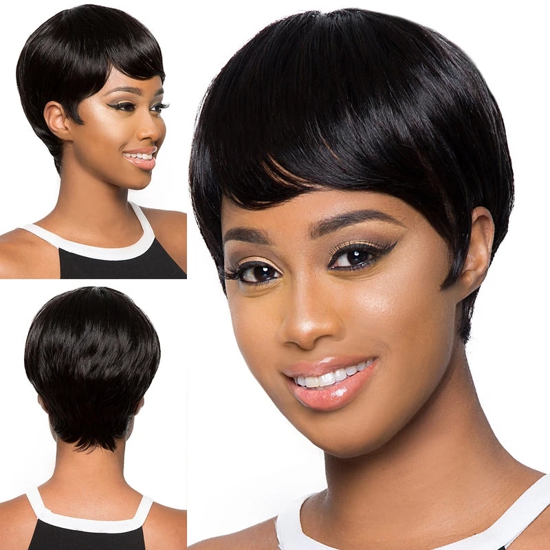 

Short Pixie Cut Straight Human Hair Wigs Brazilian Remy Wig for Black Women Machine Made Glueless Wigs with Bangs, #1b