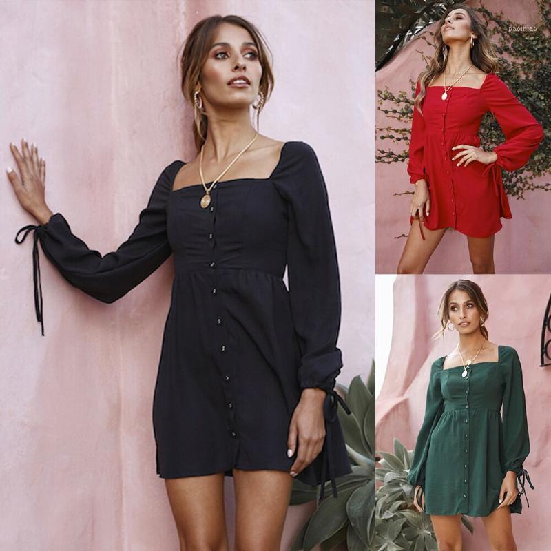 

Casual Dresses -XL Women Square Collar Long Sleeve Mini Dress Lady Button Leisure Short Autumn Spring Evening Party, Black